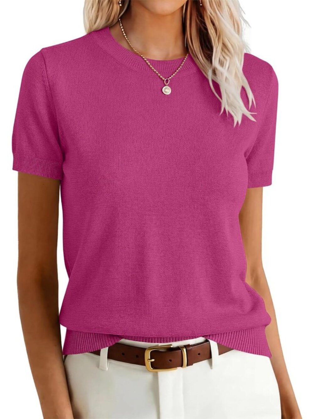 Women's Hot Pink Wool Blend Crew Neck Short Sleeve Casual Pull On Sweater